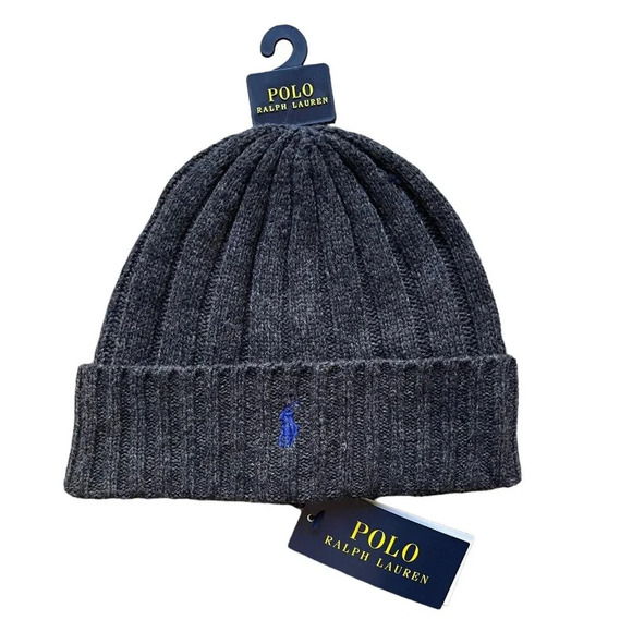Polo Ralph Lauren Other - Polo Ralph Lauren Wool Ribbed Cuffed Beanie Dark Gray Skull Cap Winter Hat